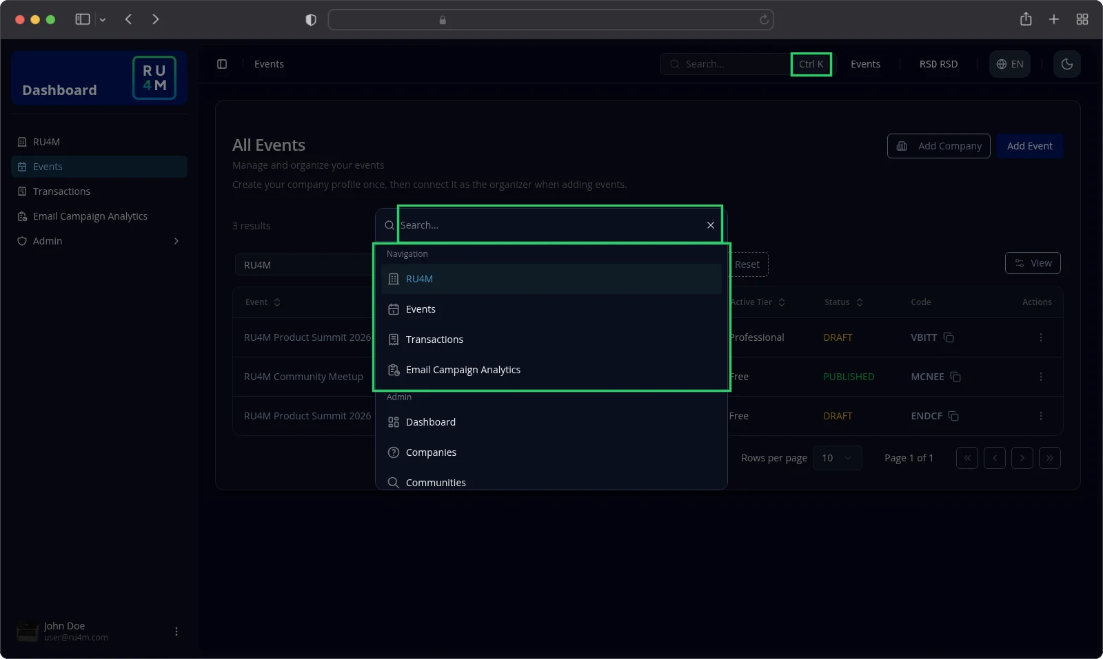 The command palette open with its search field and the Navigation group of destinations.