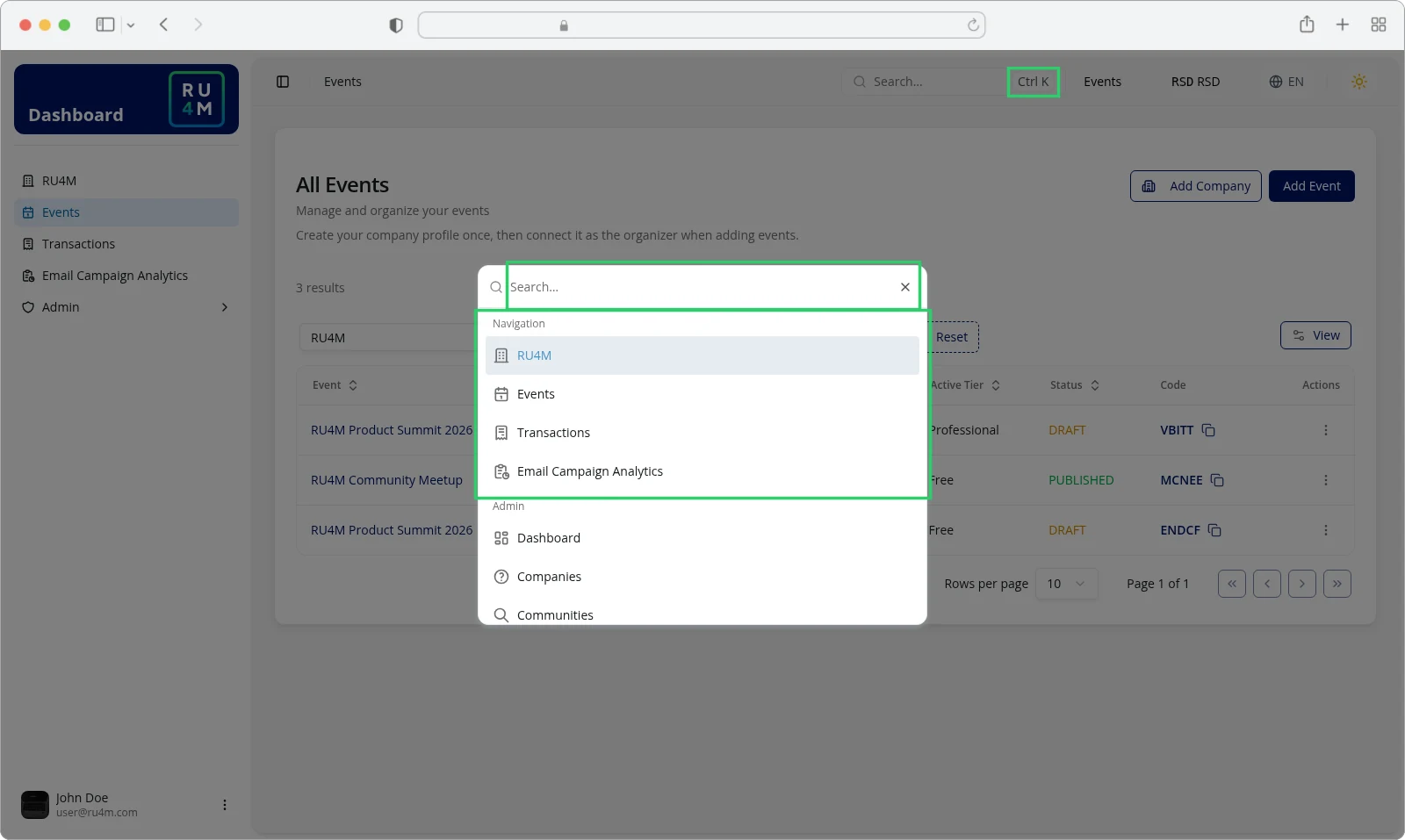 The command palette open with its search field and the Navigation group of destinations.