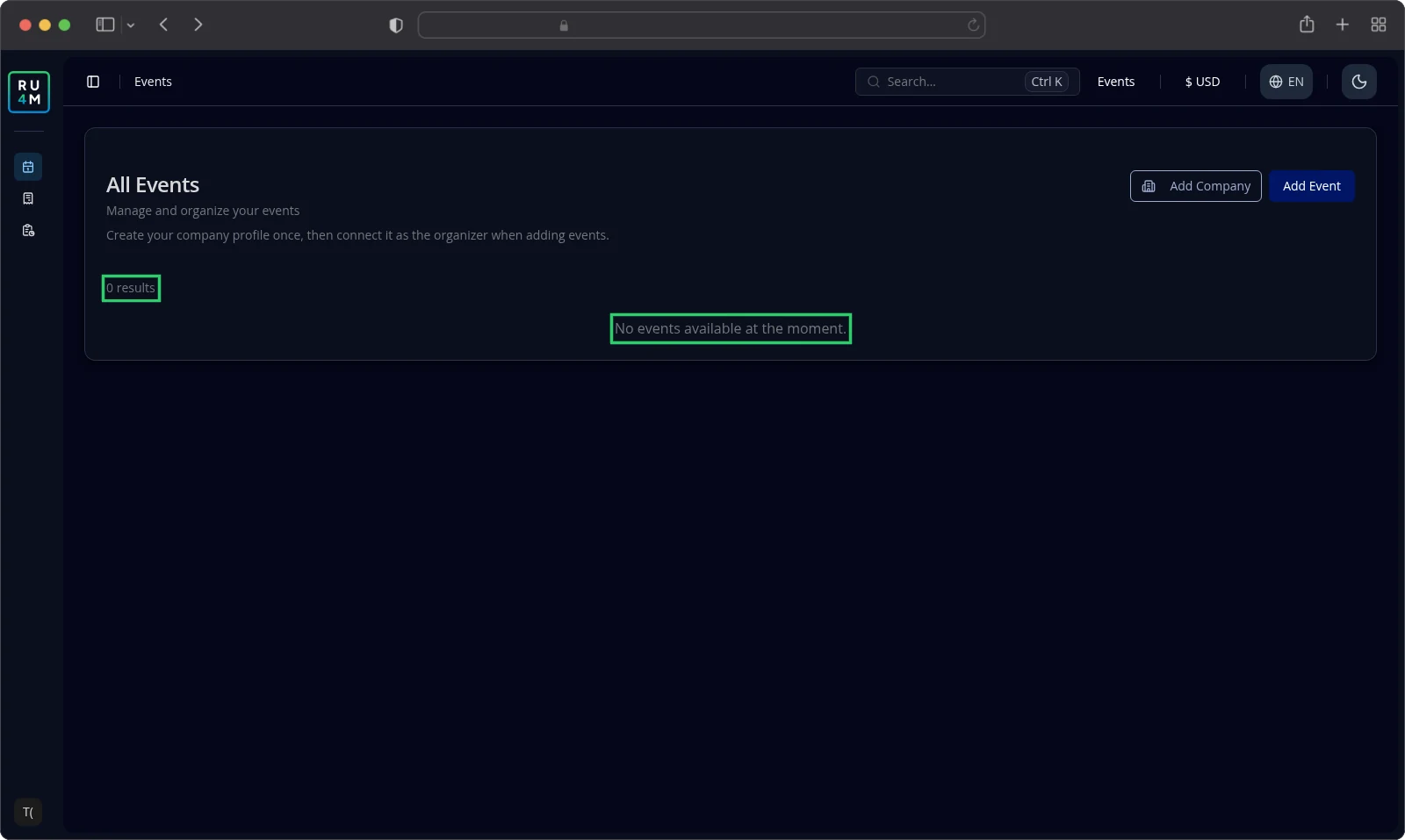 The All Events page with no events, showing the message No events available at the moment.