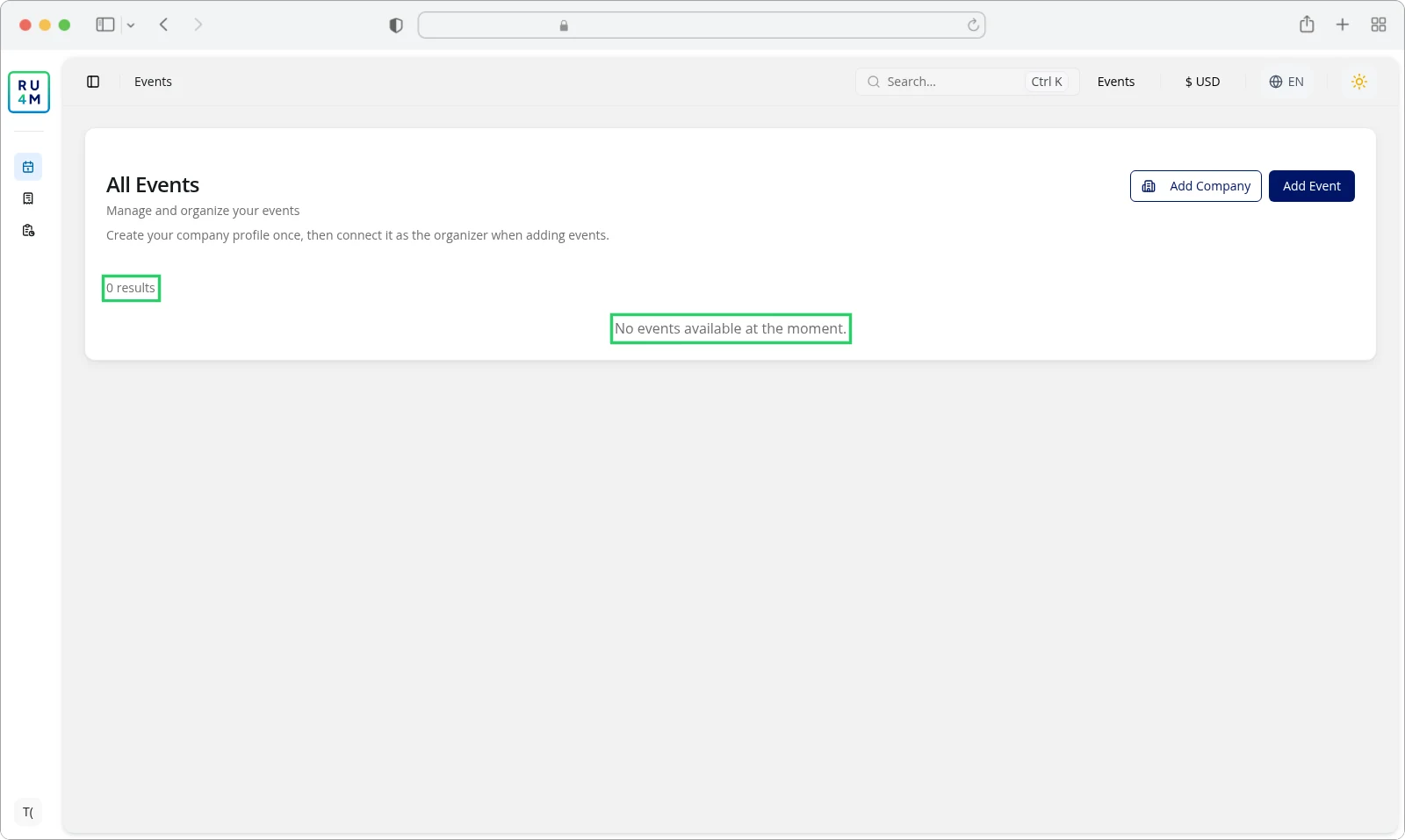 The All Events page with no events, showing the message No events available at the moment.