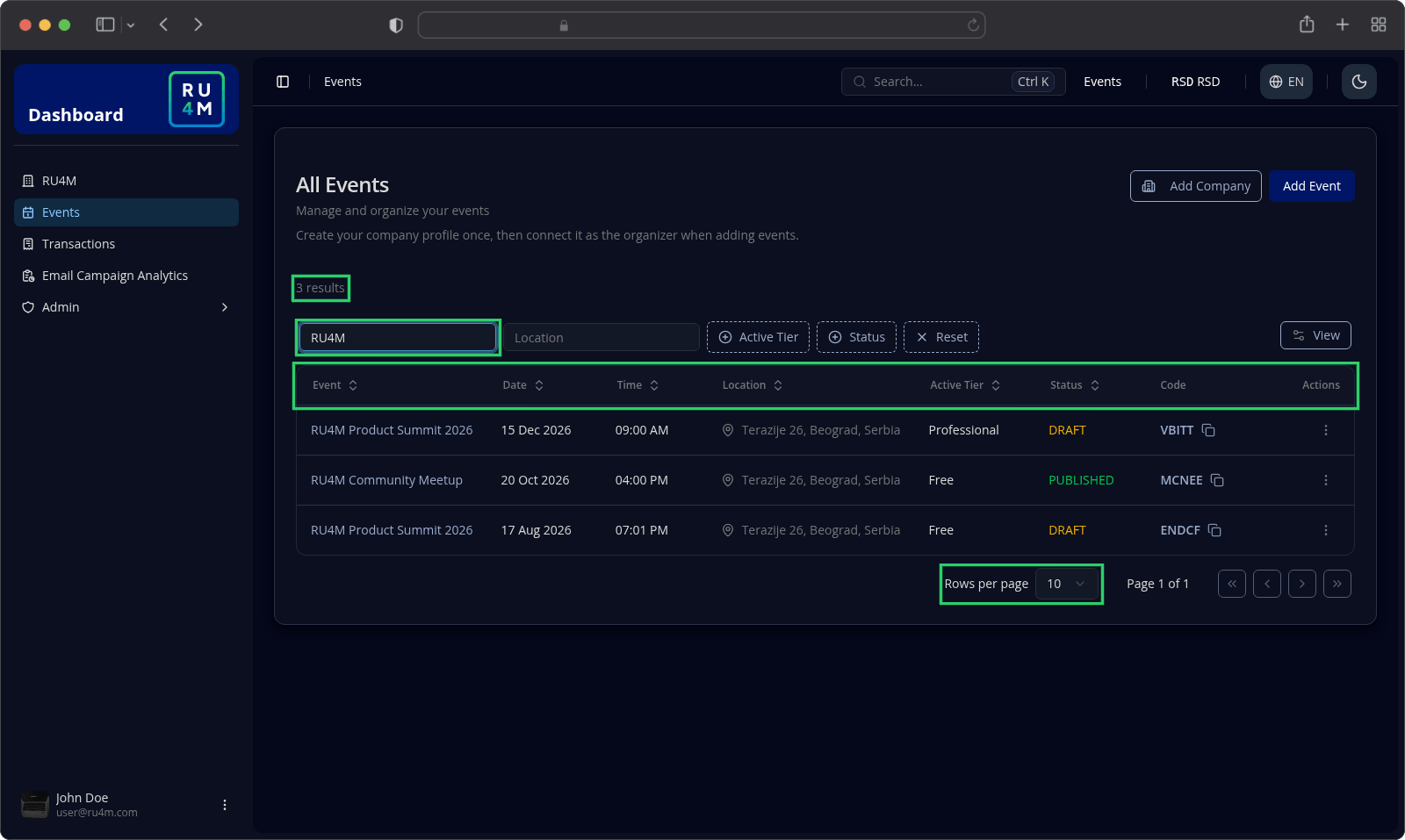 The events table narrowed by the word RU4M, with the result count, the column headers and the Rows per page control.