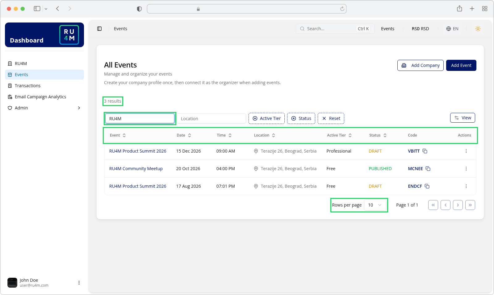 The events table narrowed by the word RU4M, with the result count, the column headers and the Rows per page control.