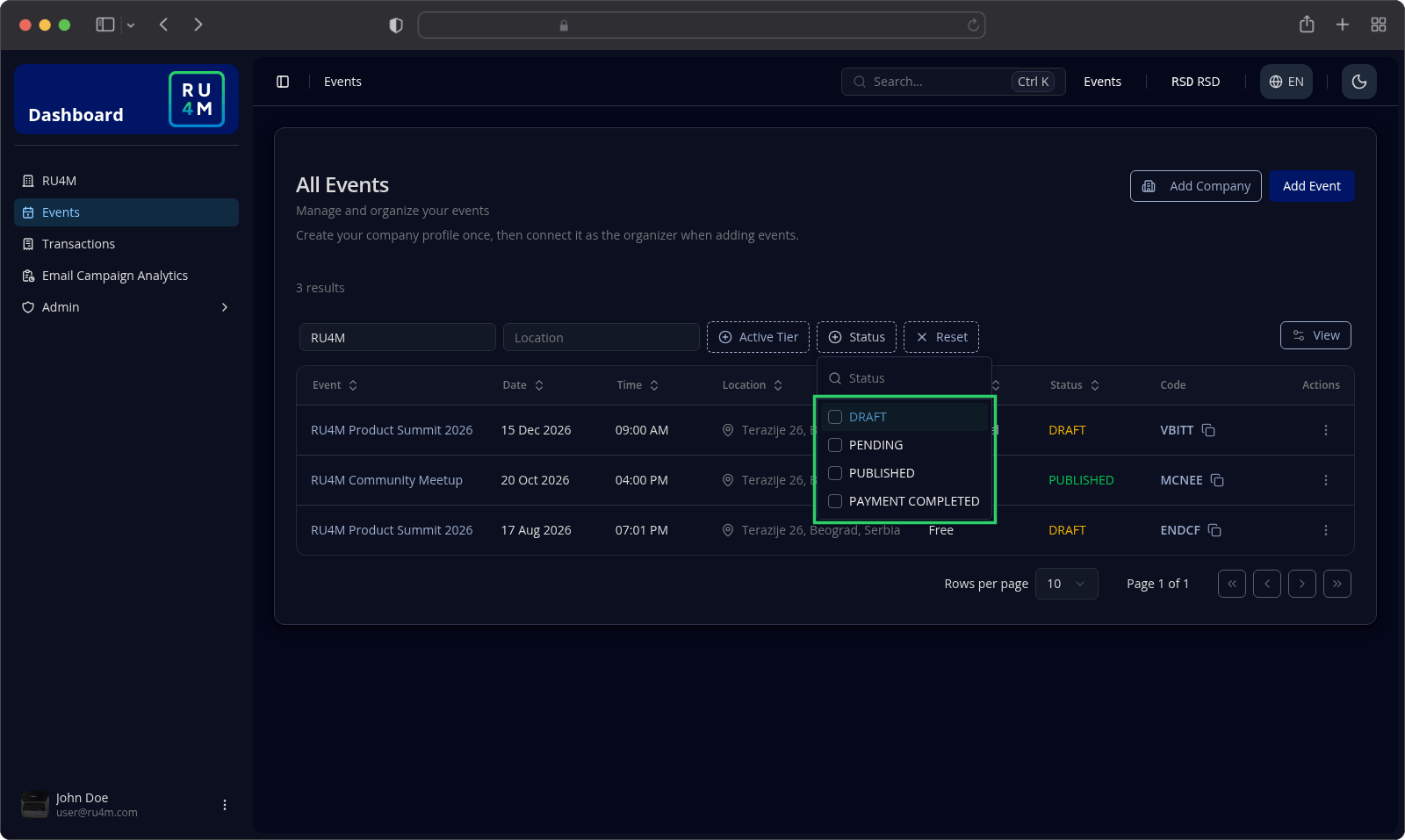 The Status filter menu open with the DRAFT, PENDING, PUBLISHED and PAYMENT COMPLETED options.