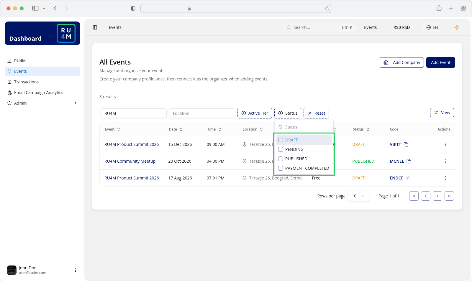 The Status filter menu open with the DRAFT, PENDING, PUBLISHED and PAYMENT COMPLETED options.