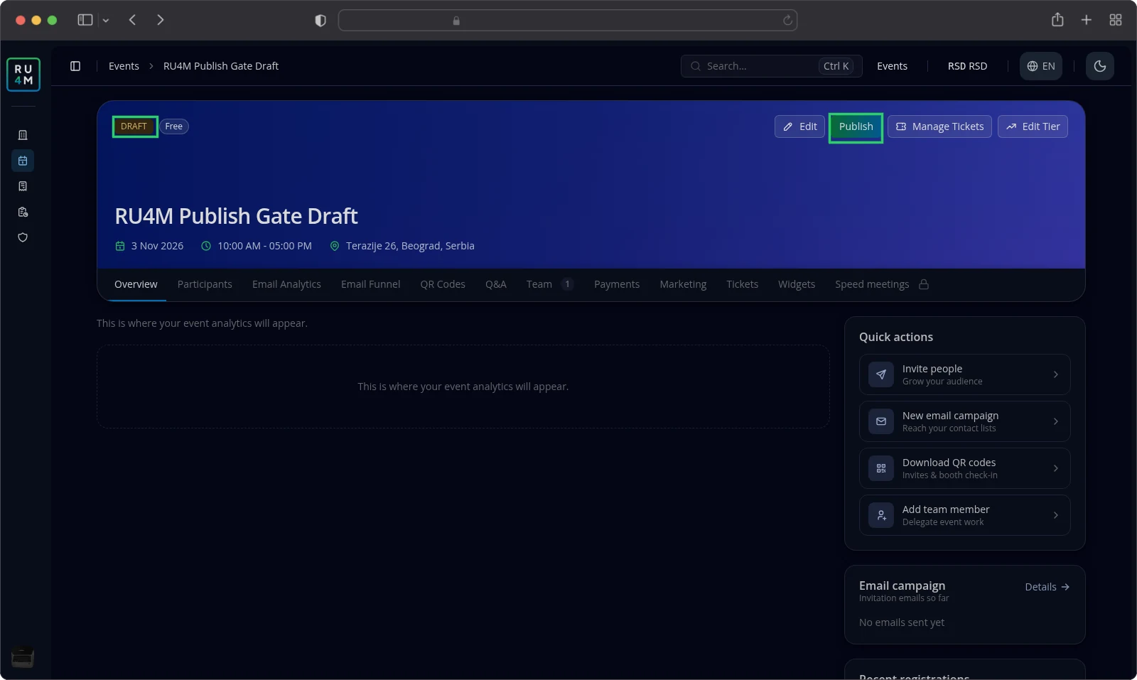 The event page of a free draft with the Publish button and the DRAFT badge.