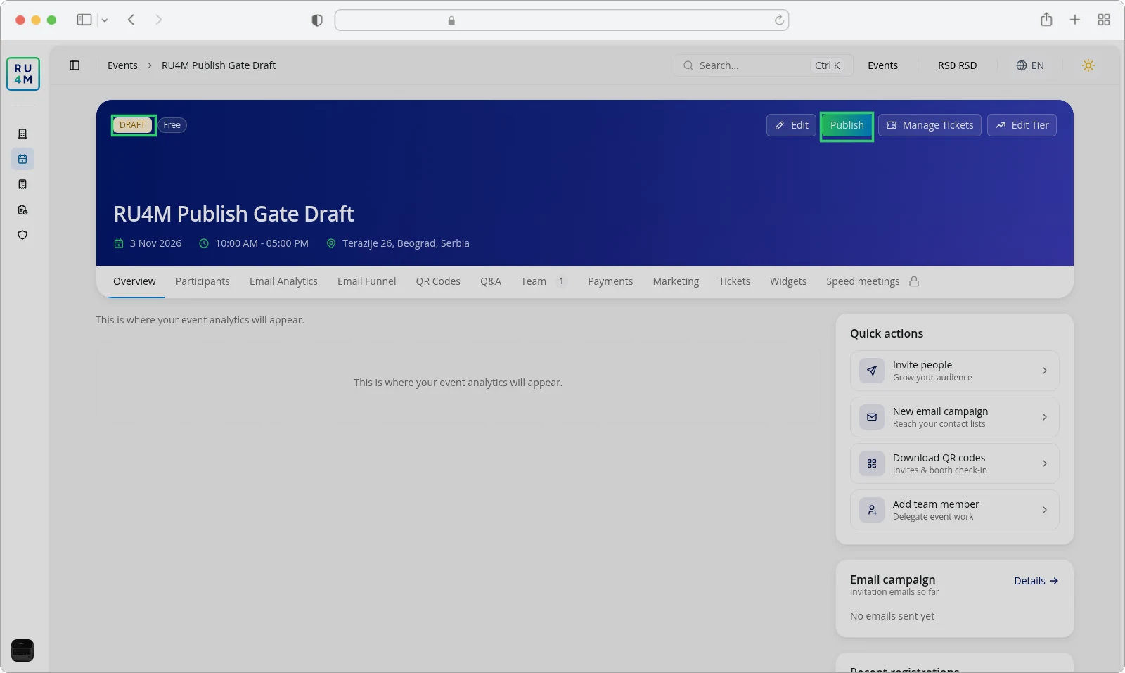The event page of a free draft with the Publish button and the DRAFT badge.