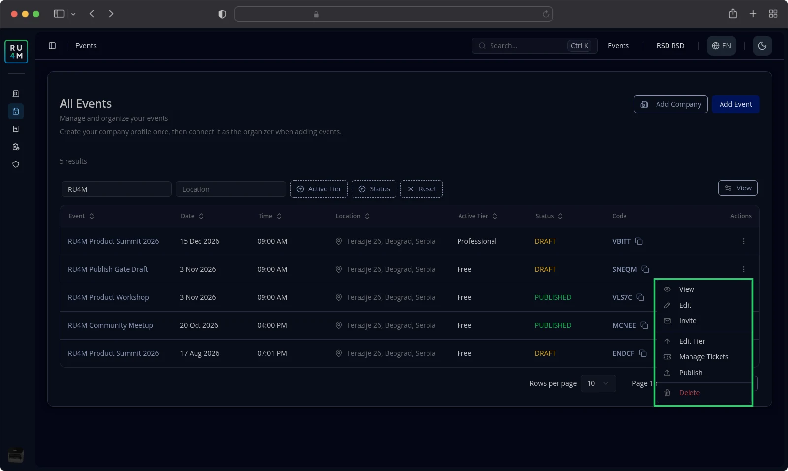 The events list with the row menu open on a draft event.