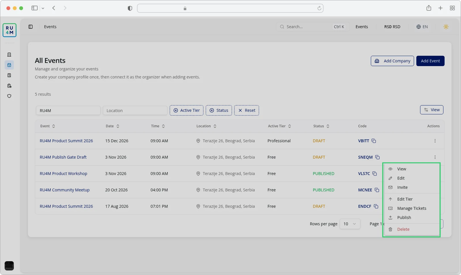 The events list with the row menu open on a draft event.
