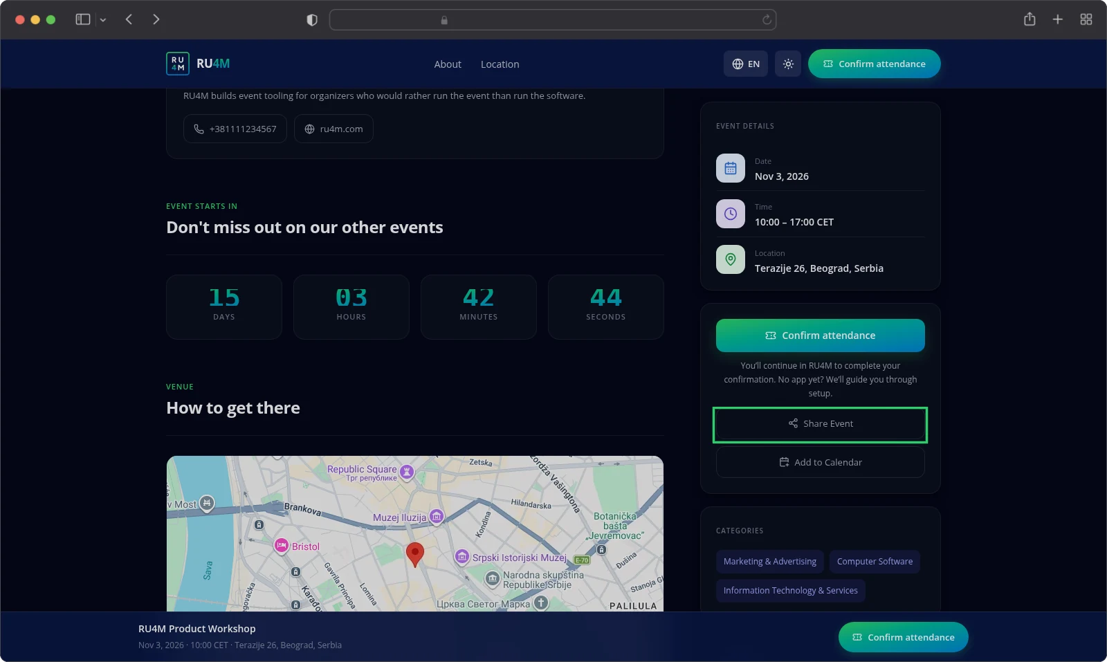 The public event page of a published event with the Share Event button.