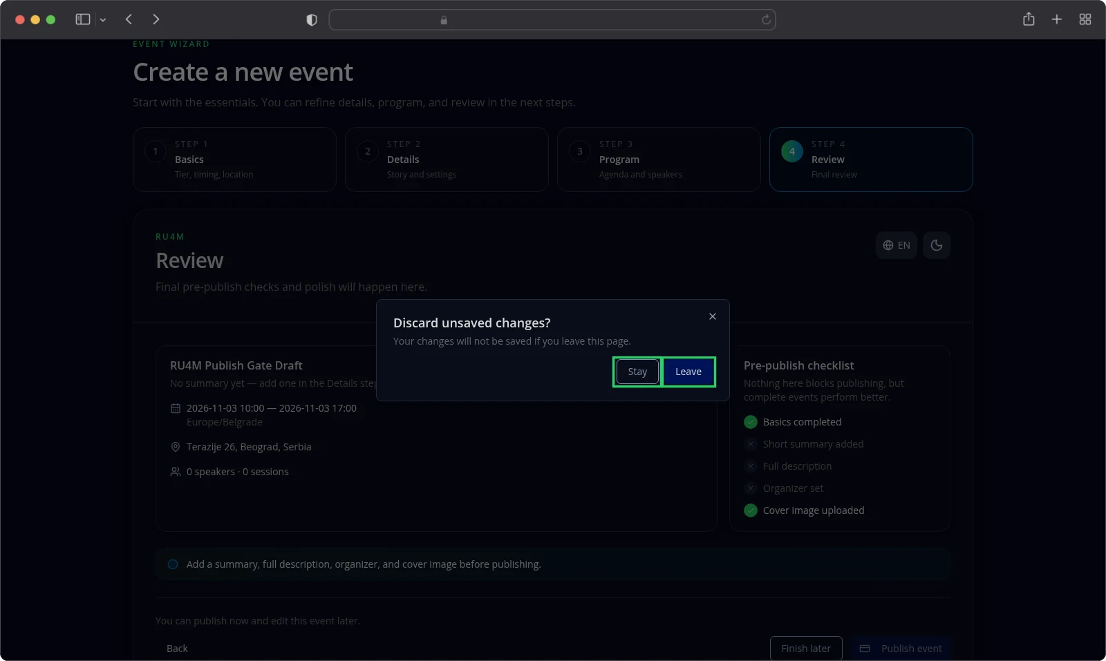 The Discard unsaved changes dialog with Stay and Leave.