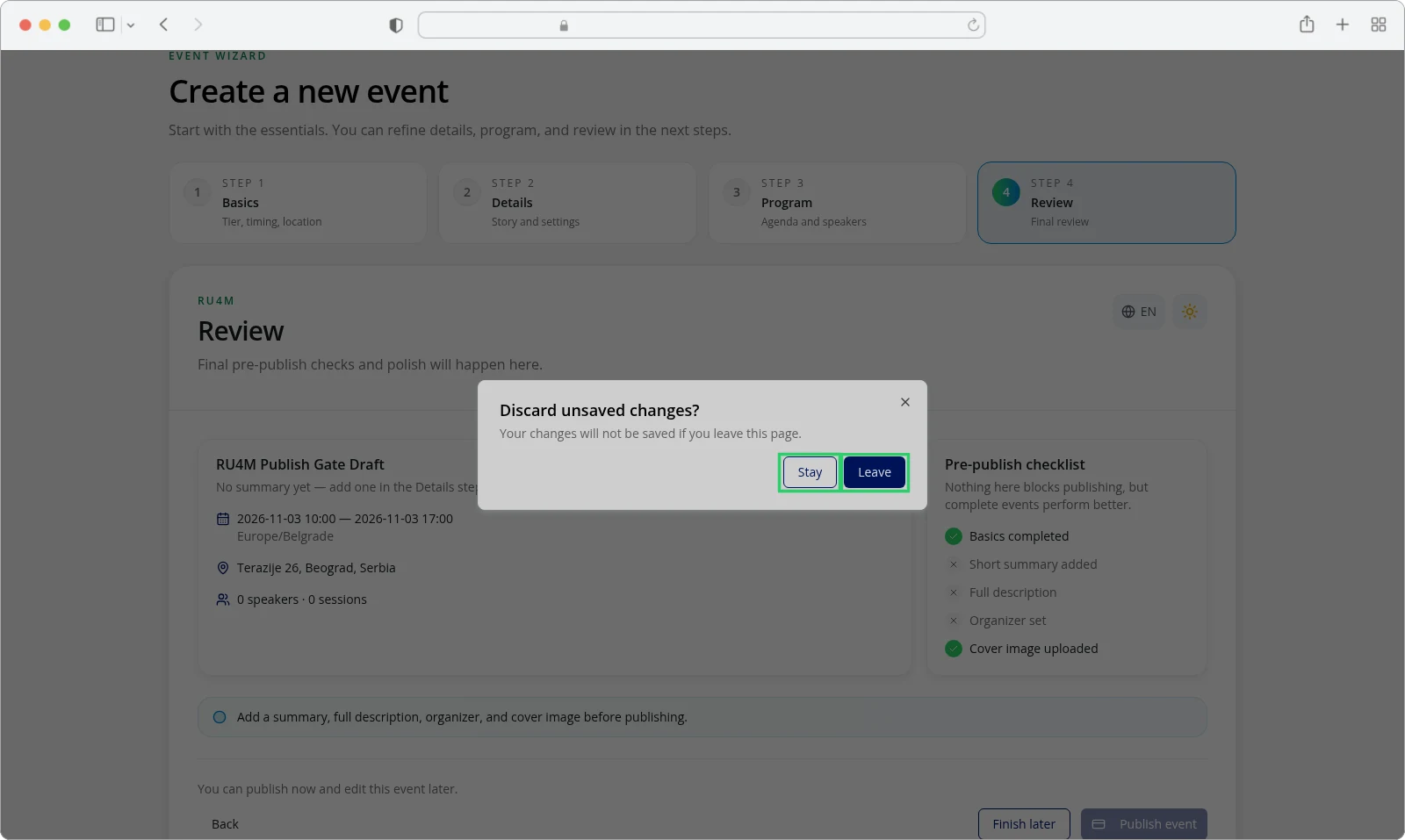 The Discard unsaved changes dialog with Stay and Leave.