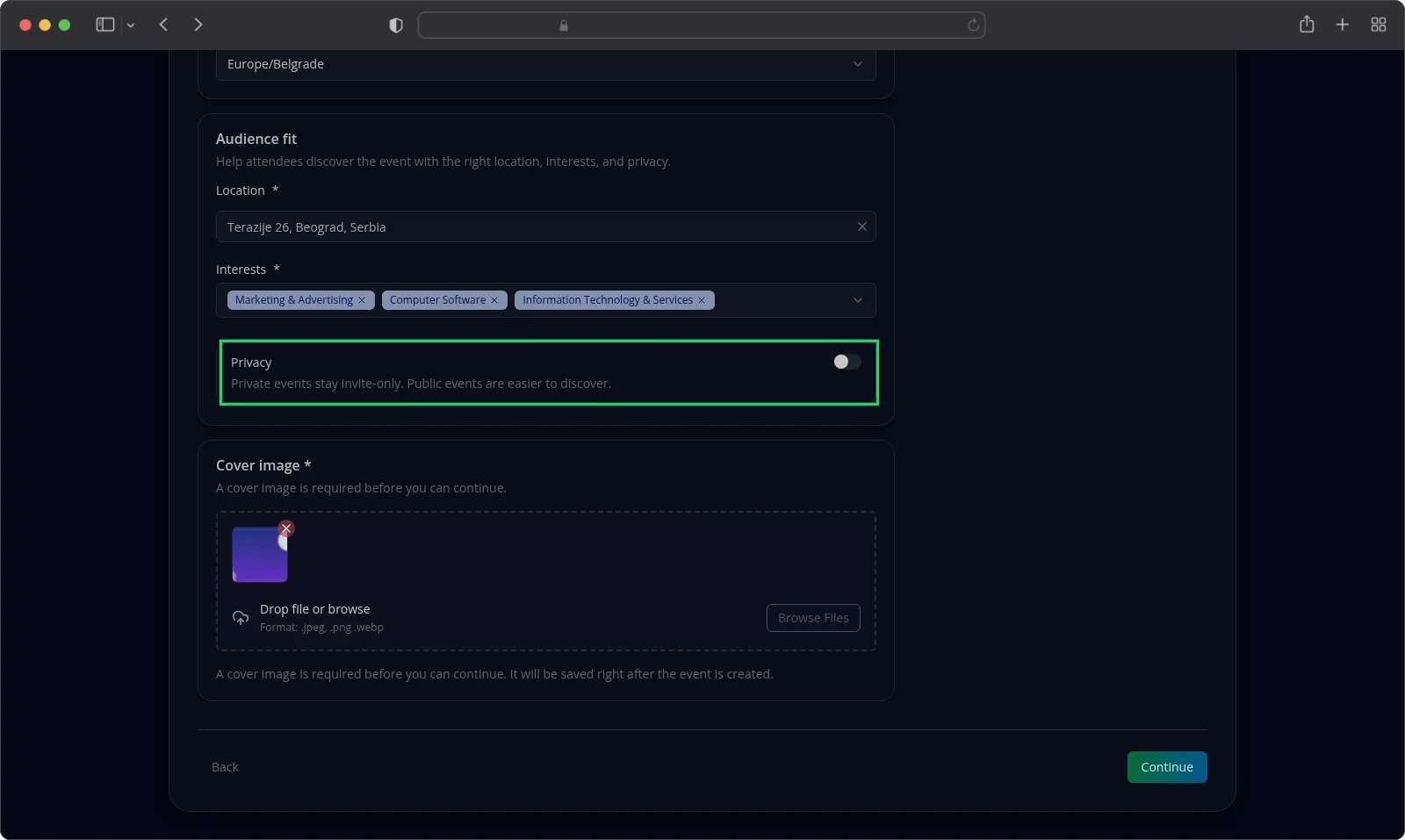 The Basics step with the workshop details filled in and the Privacy switch visible.