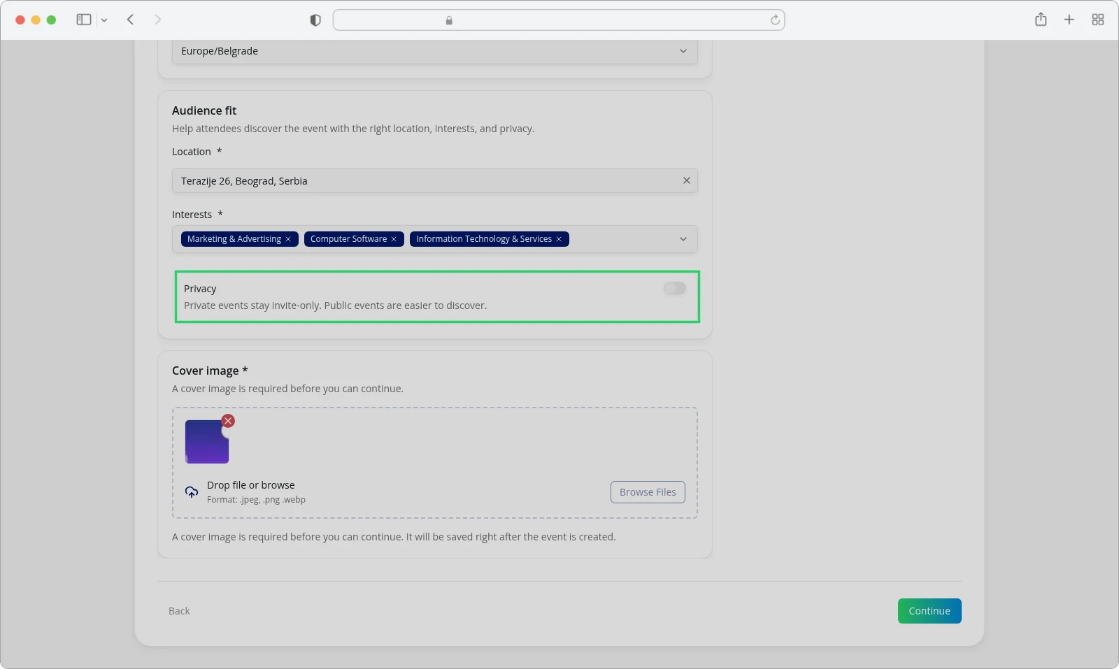 The Basics step with the workshop details filled in and the Privacy switch visible.