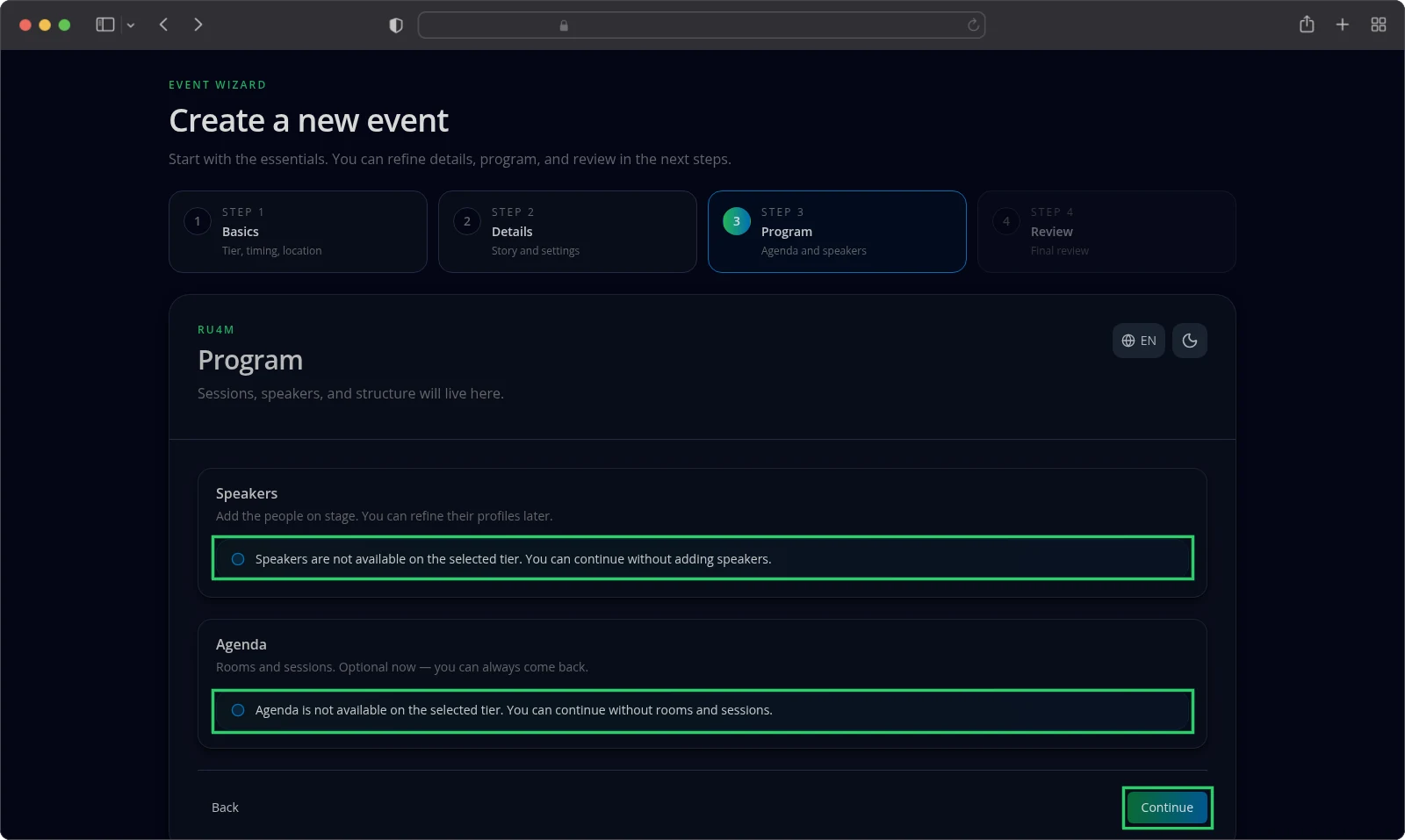 The Program step of a Free event showing both unavailable notices.