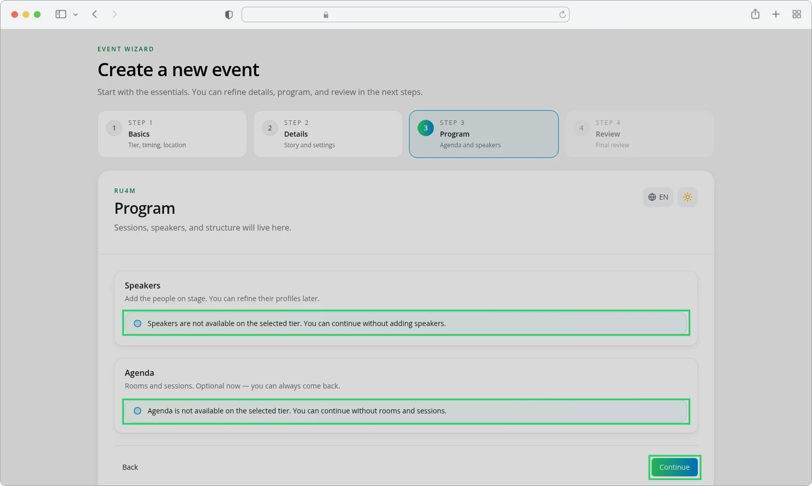 The Program step of a Free event showing both unavailable notices.