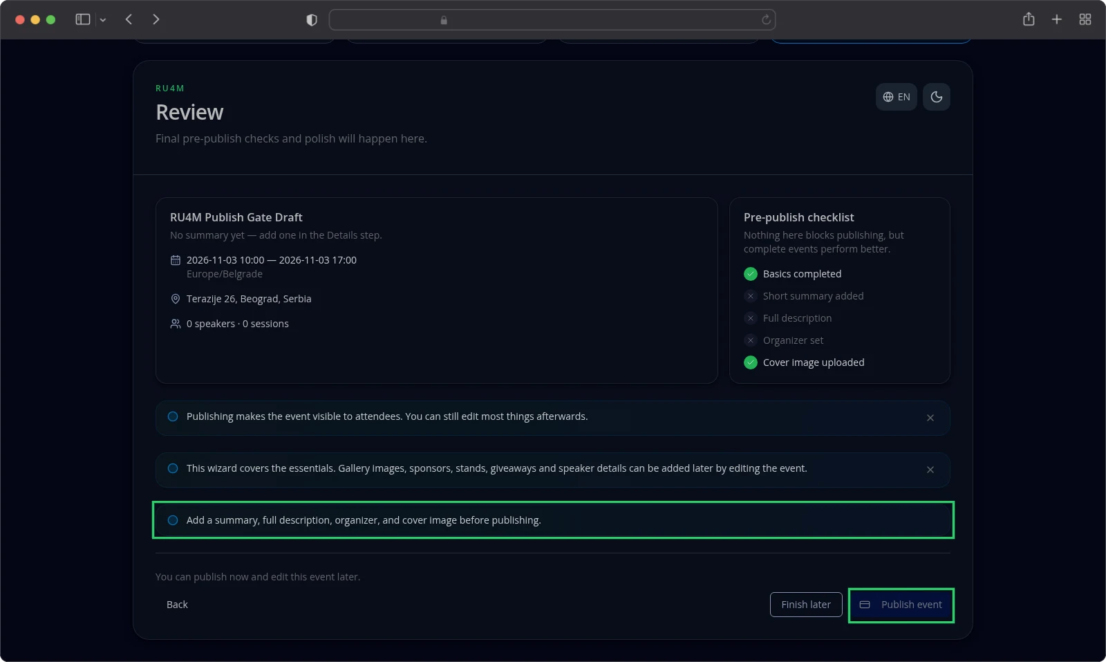 The Review step with unticked checklist items and the Publish event button greyed out.