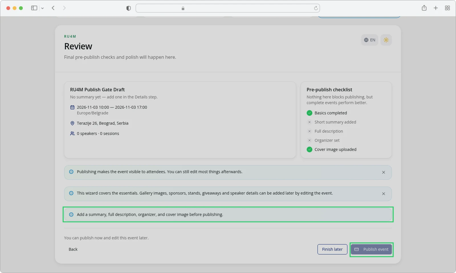 The Review step with unticked checklist items and the Publish event button greyed out.