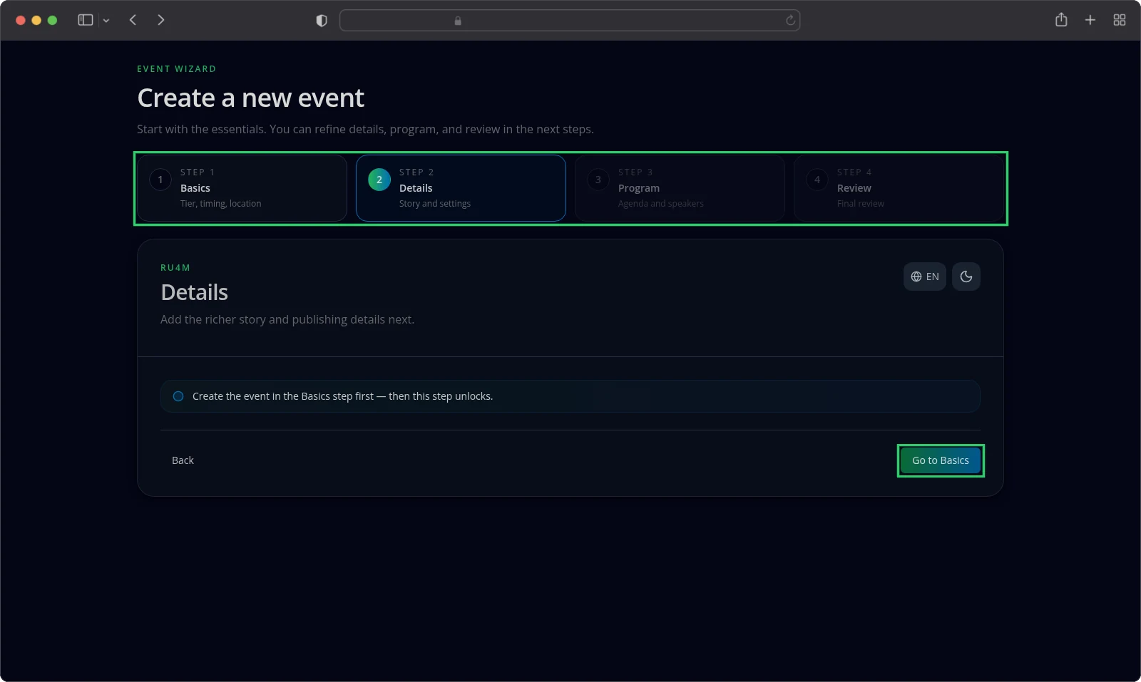 The Details step locked until the event exists, with a Go to Basics button.