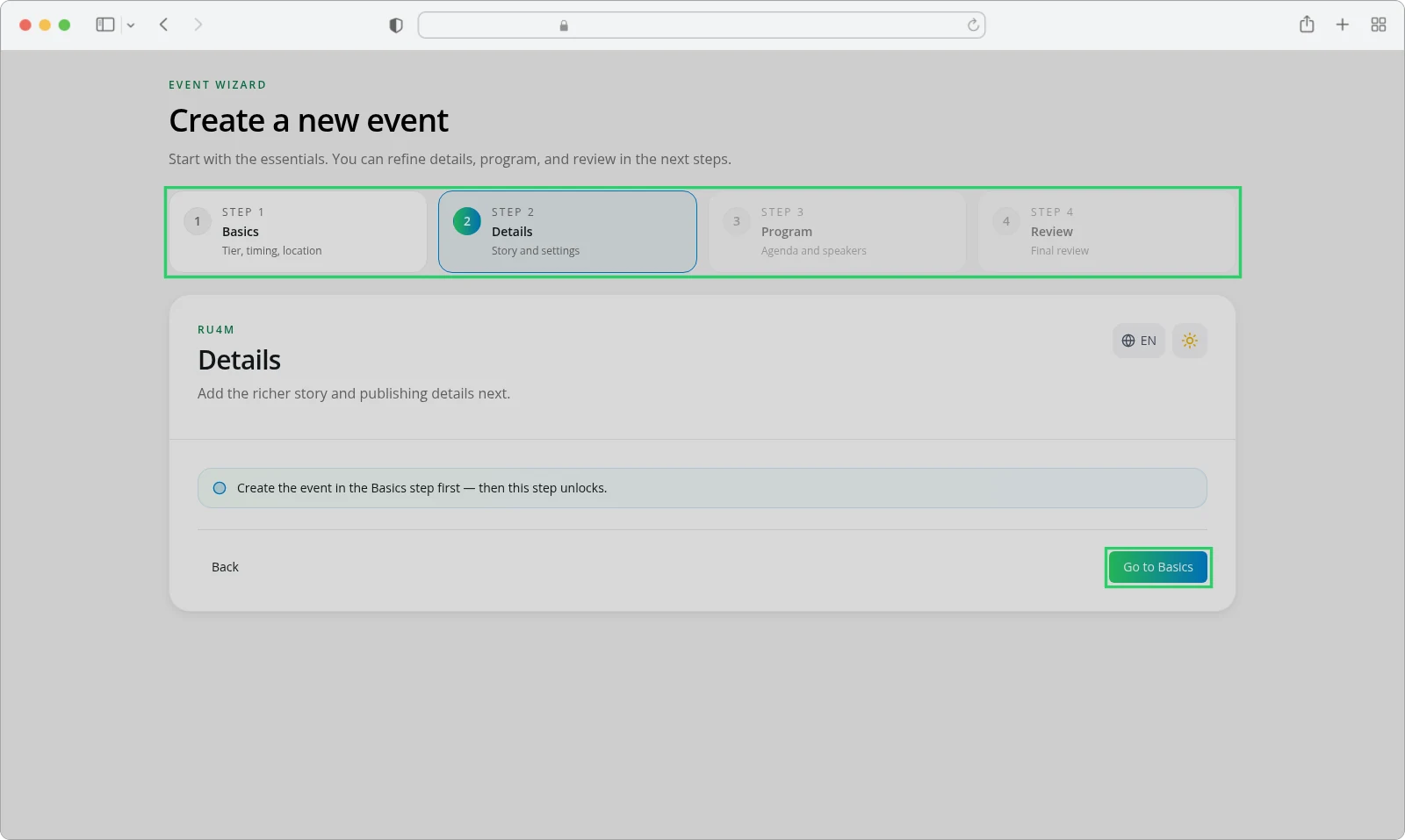 The Details step locked until the event exists, with a Go to Basics button.