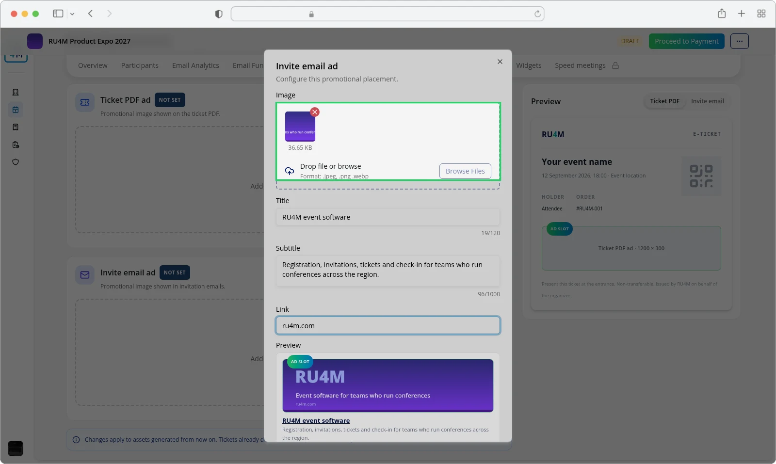 The Add marketing ad dialog with the image chosen and the title, subtitle and link filled.
