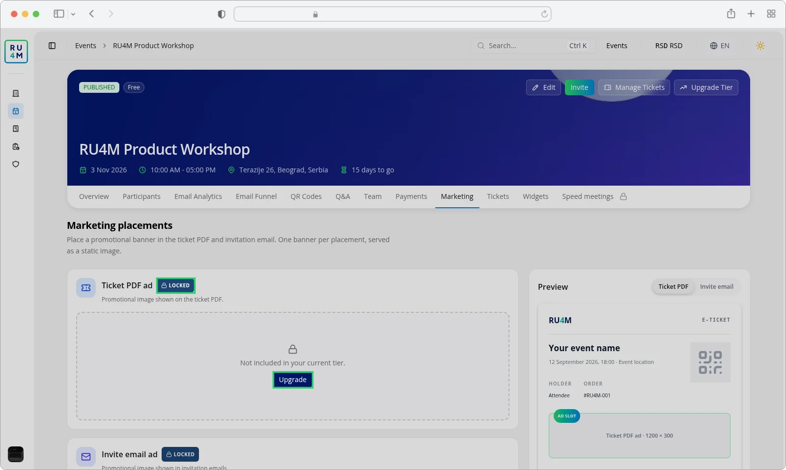 The Marketing placements page with both placements marked Locked and an Upgrade button.