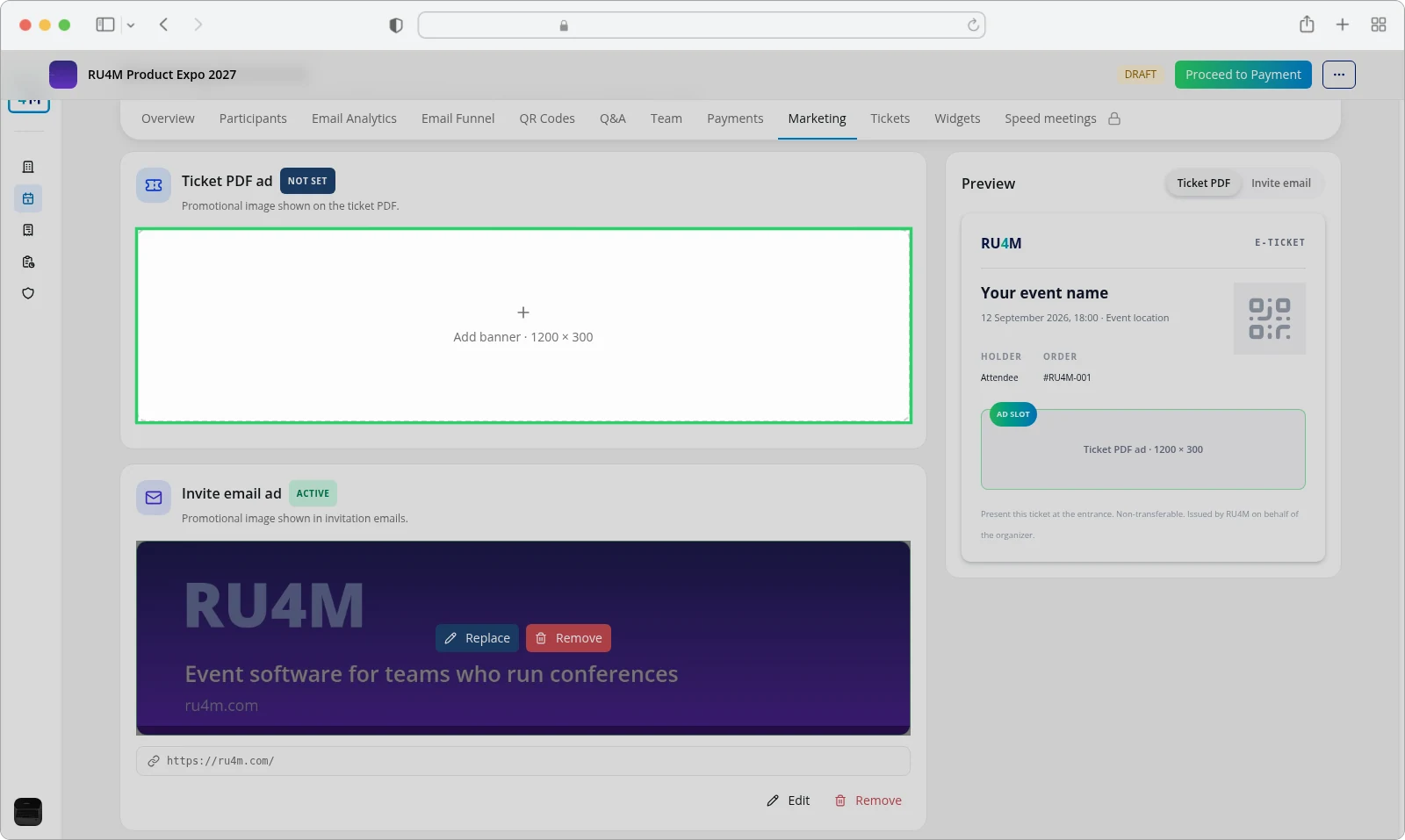 The Marketing placements page with the Ticket PDF ad card and the Invite email ad card.