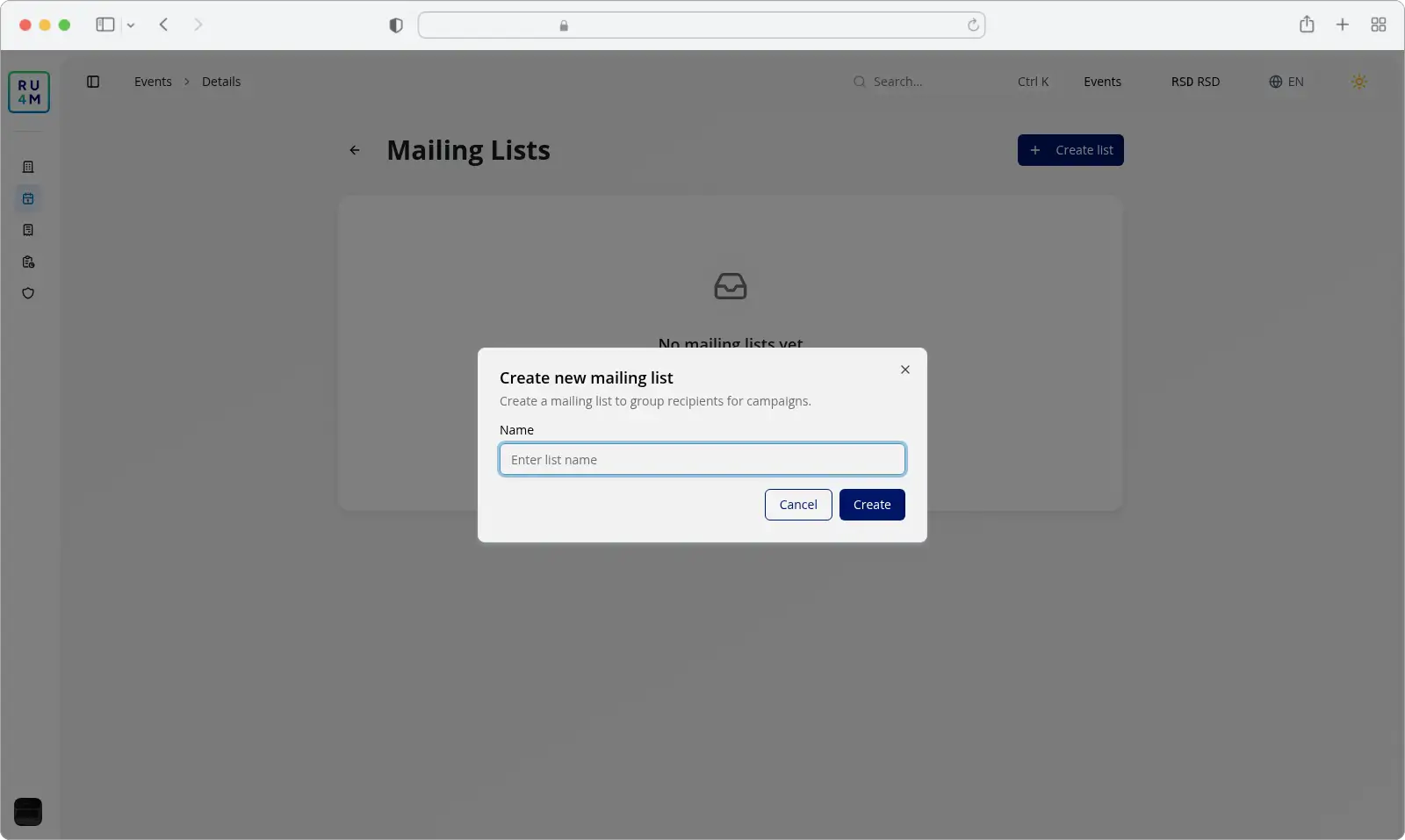 The Create new mailing list dialog with the Name field and the Create button.