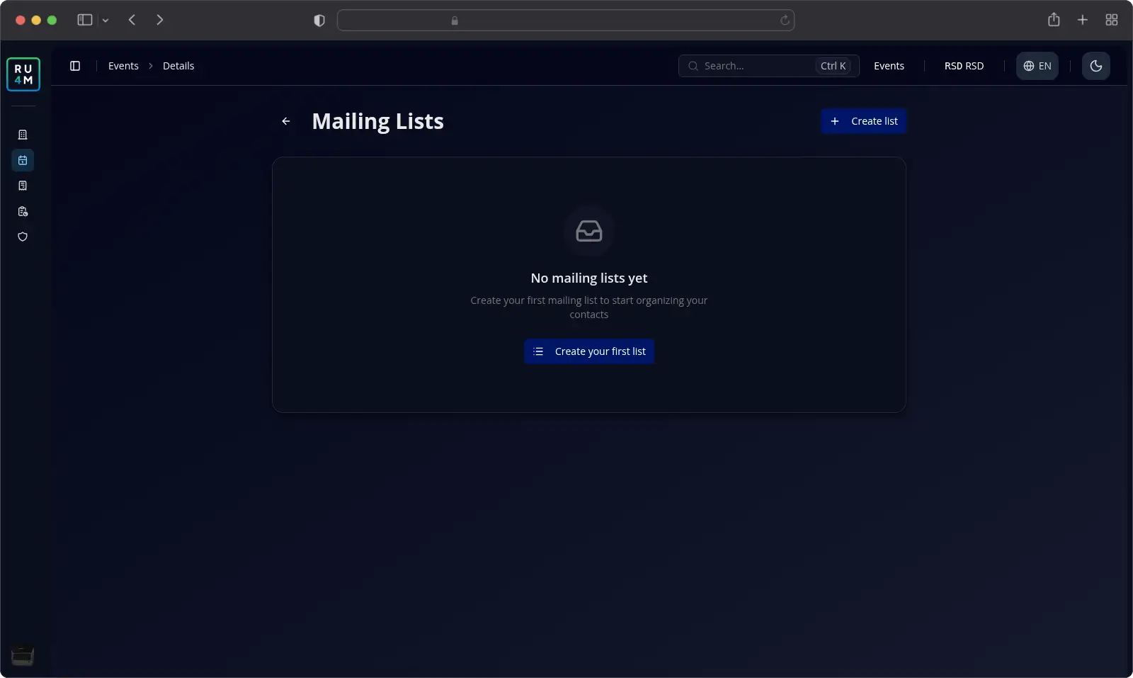 The Mailing Lists screen showing No mailing lists yet and a Create your first list button.