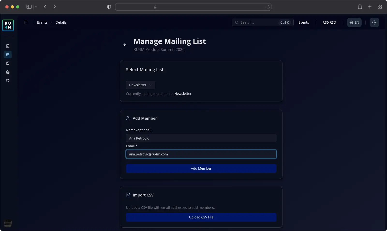 The Manage Mailing List screen with the Add Member form filled in for Ana Petrović.