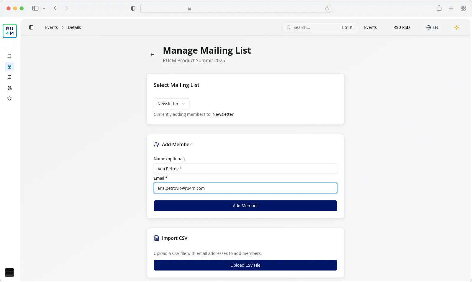 The Manage Mailing List screen with the Add Member form filled in for Ana Petrović.