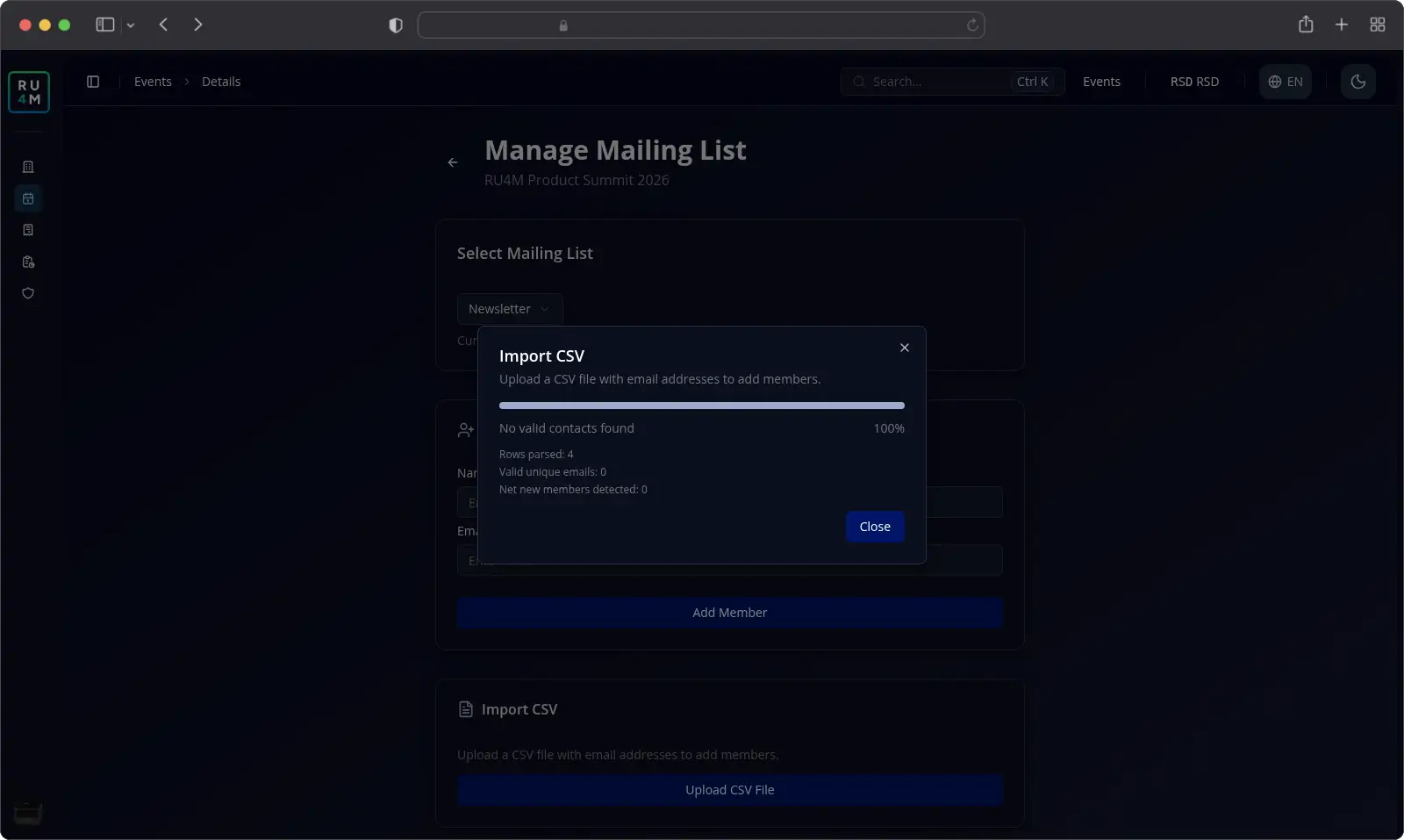 The Import CSV dialog reporting No valid contacts found.