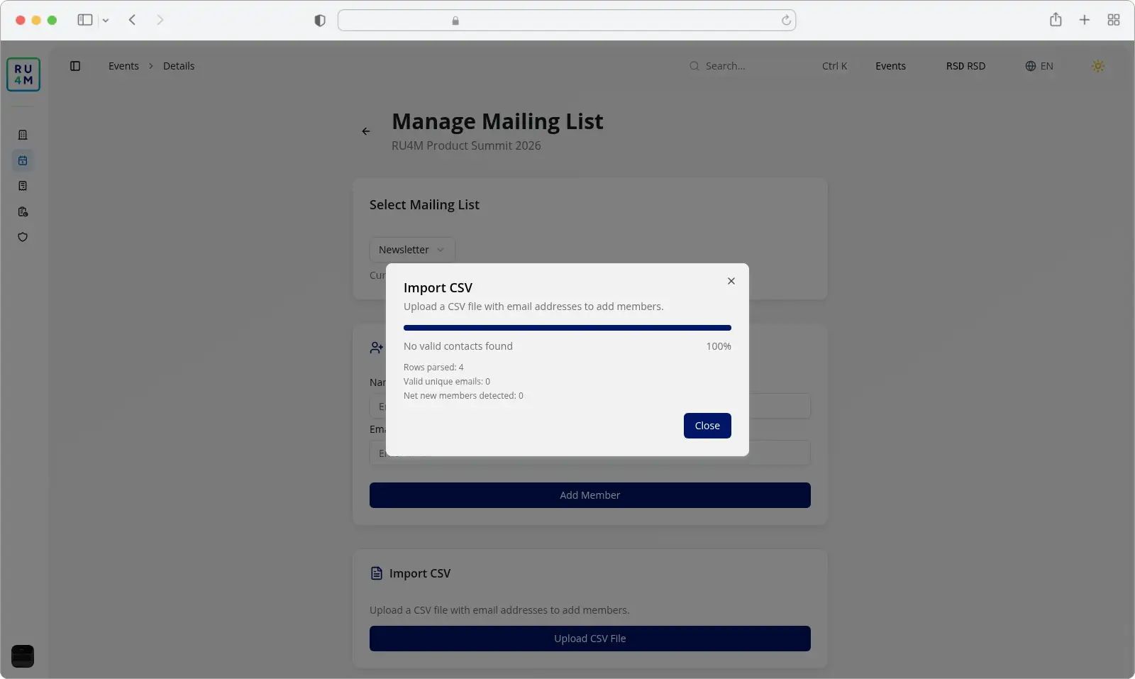 The Import CSV dialog reporting No valid contacts found.