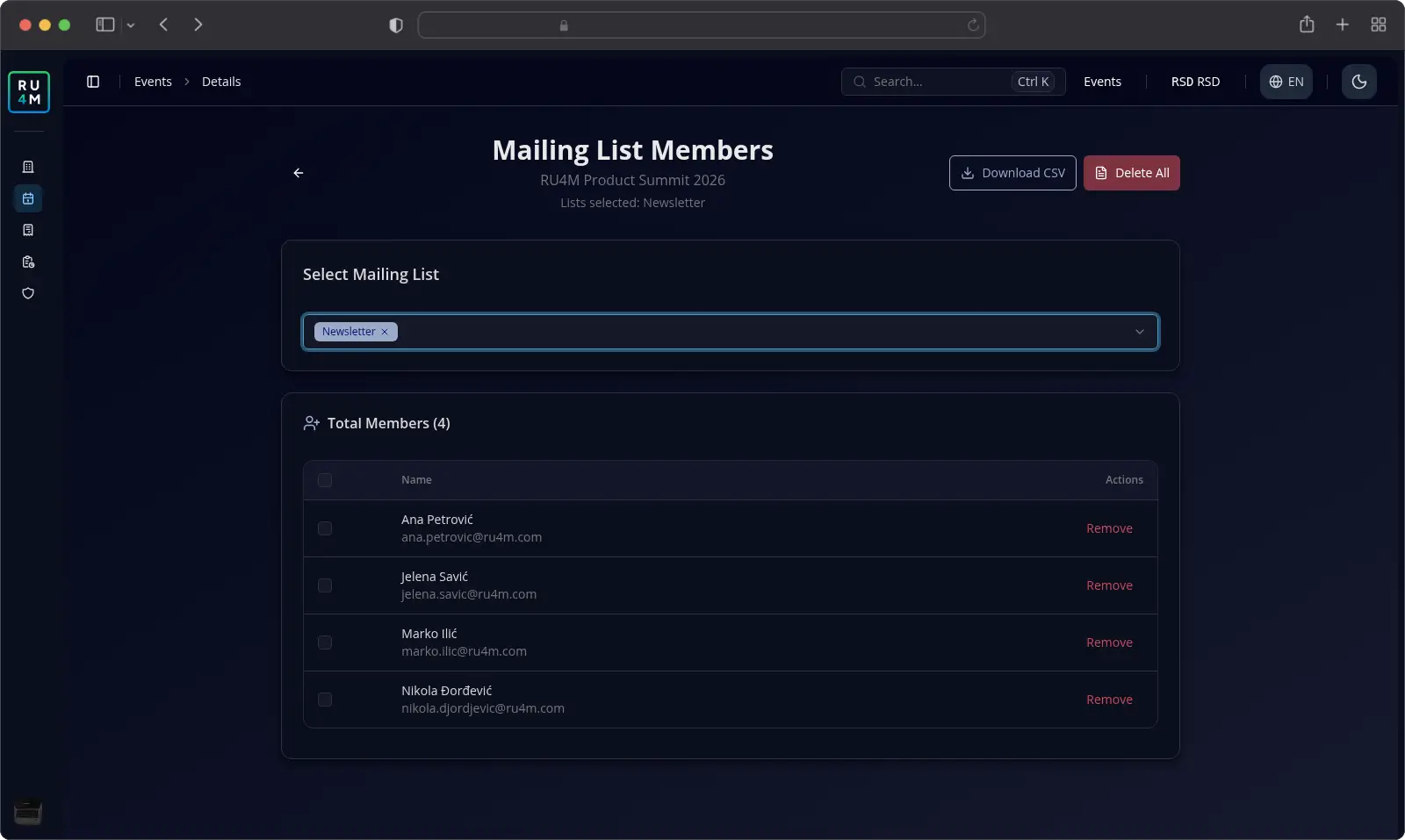 The Mailing List Members screen listing four contacts with Remove buttons.