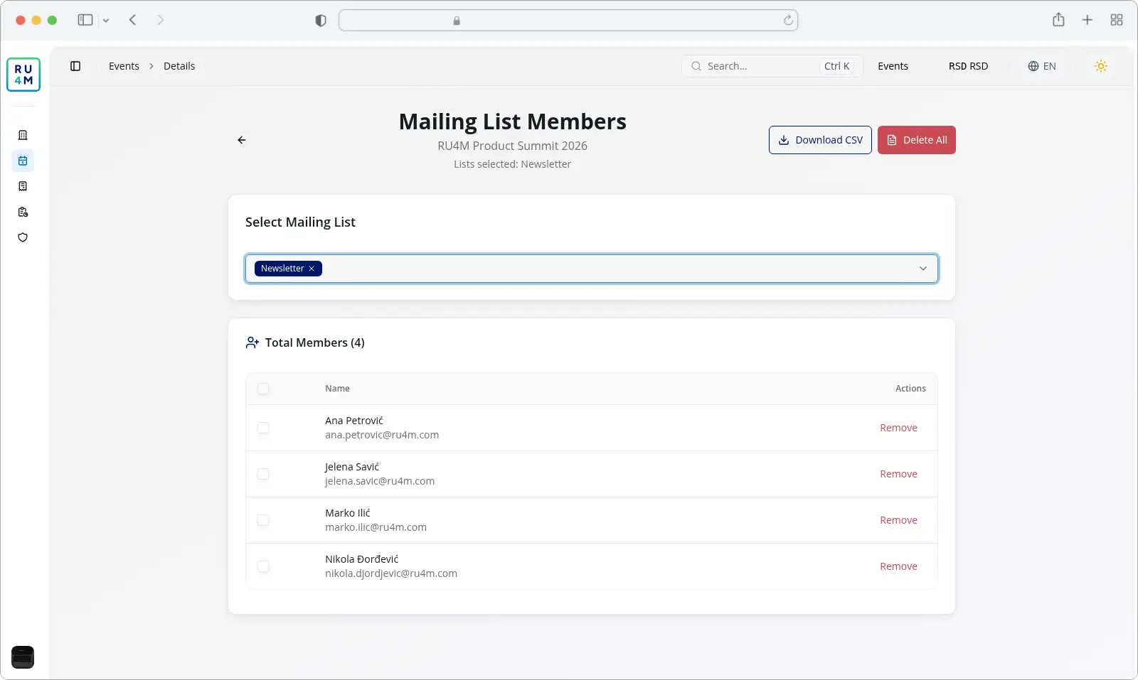 The Mailing List Members screen listing four contacts with Remove buttons.