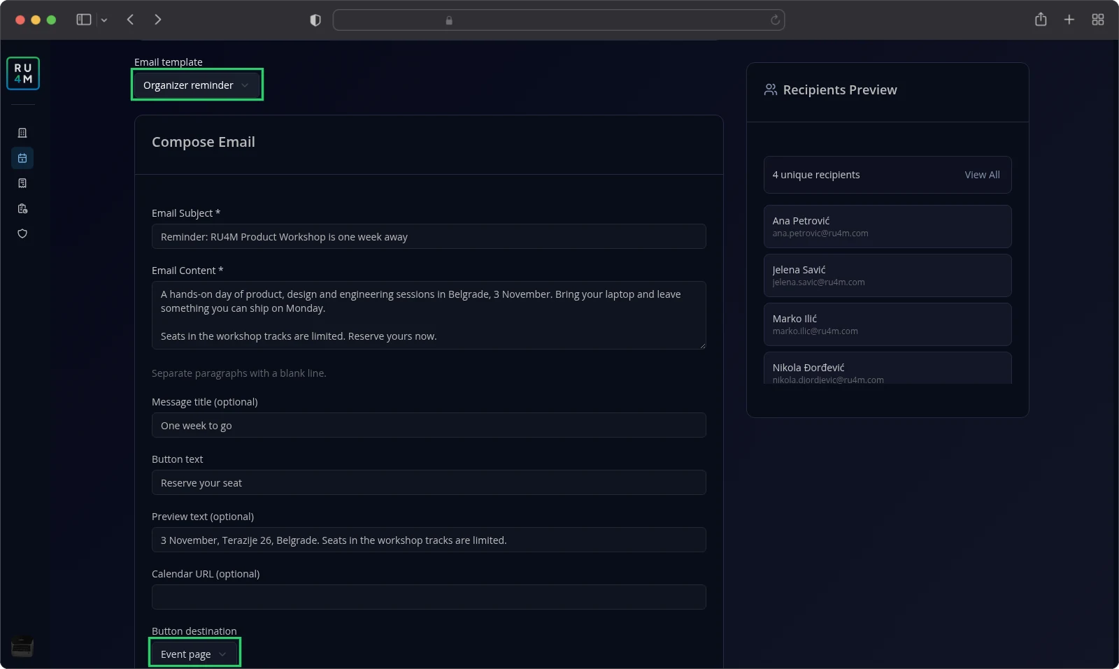 The composer with the Organizer reminder template selected and every field filled.