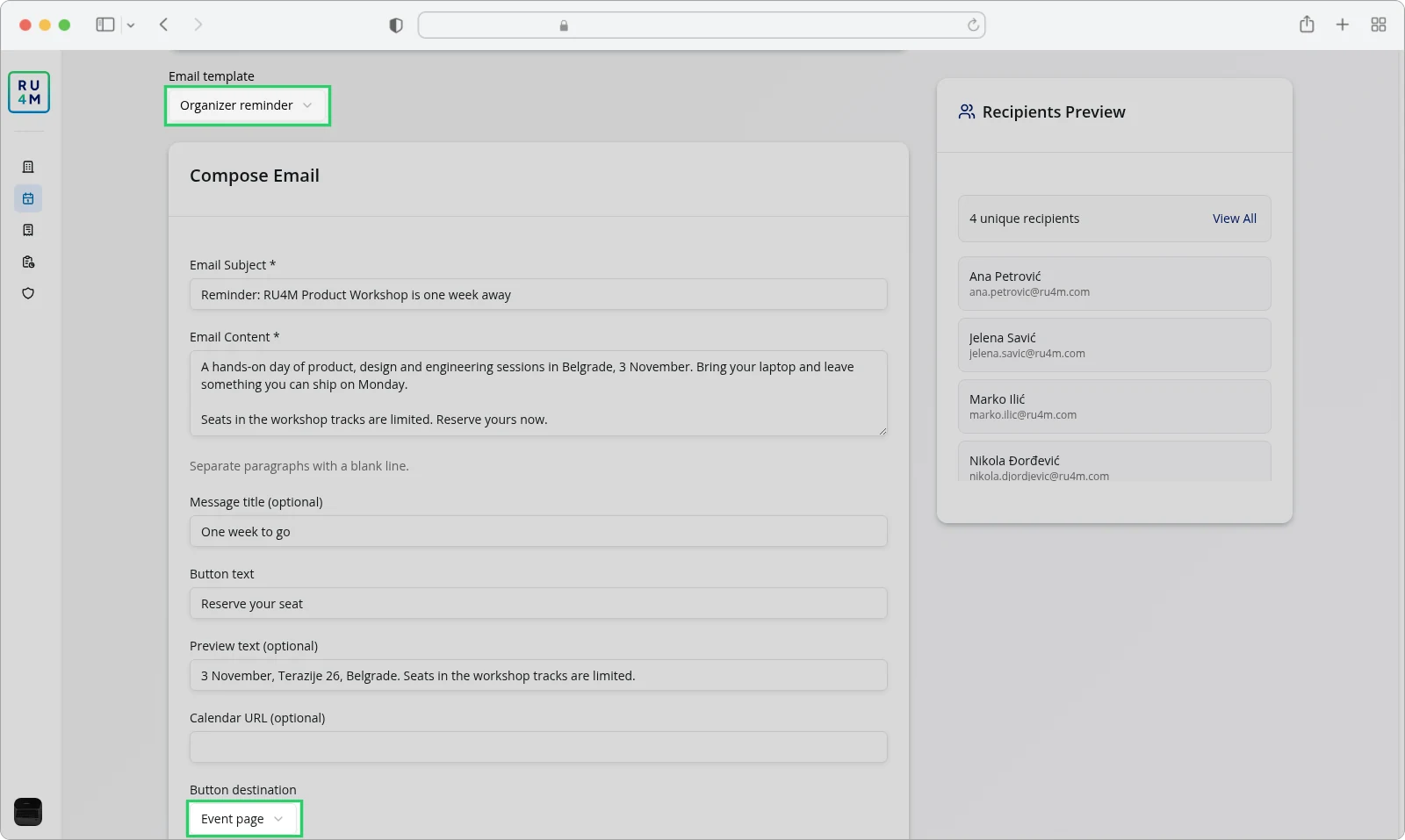 The composer with the Organizer reminder template selected and every field filled.