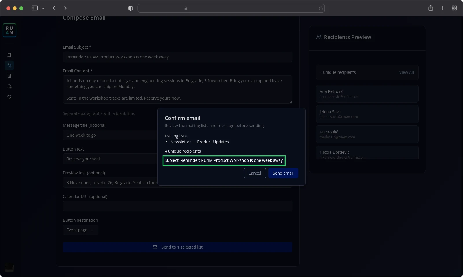 The Confirm email dialog listing the mailing list, the recipients and the reminder subject.