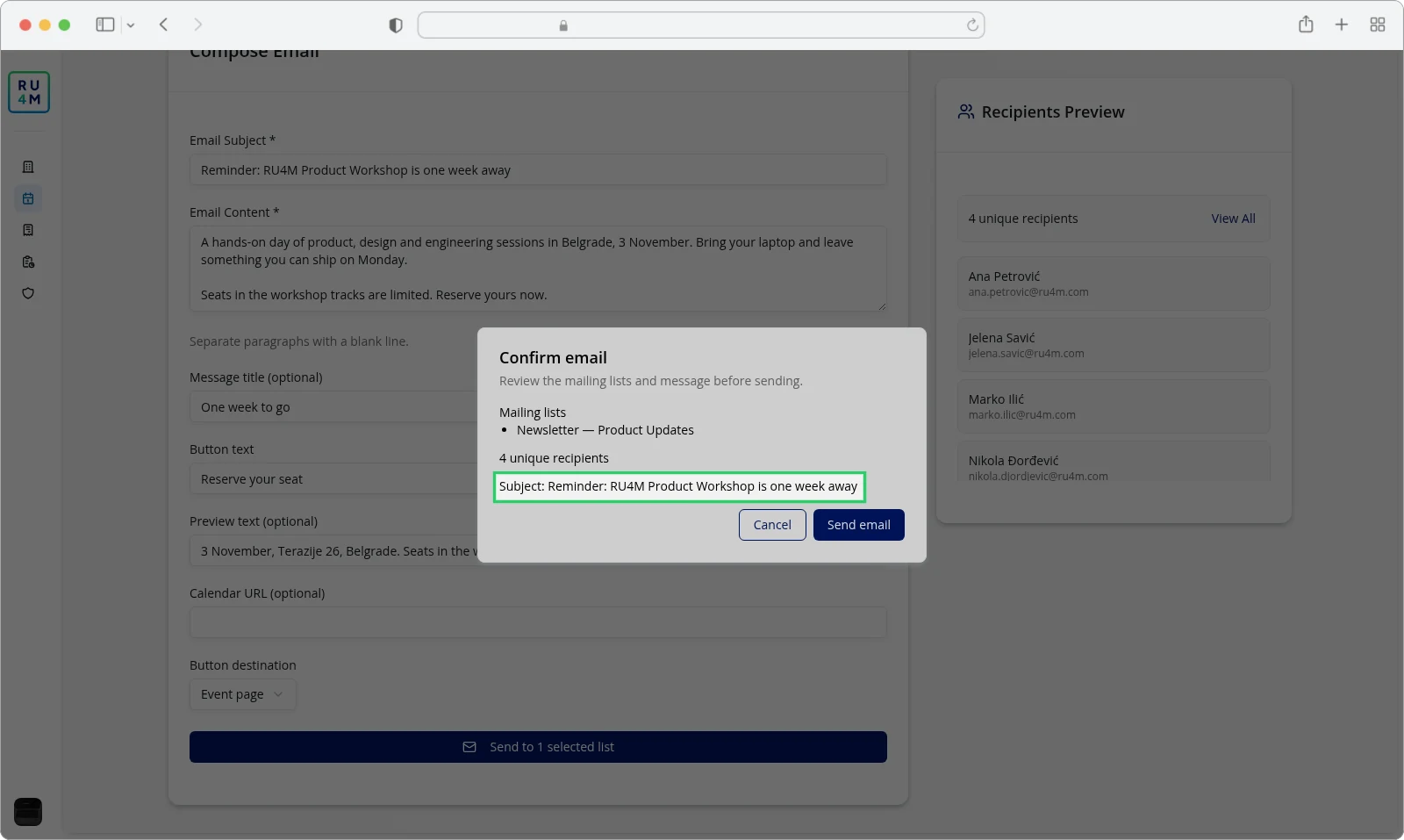 The Confirm email dialog listing the mailing list, the recipients and the reminder subject.