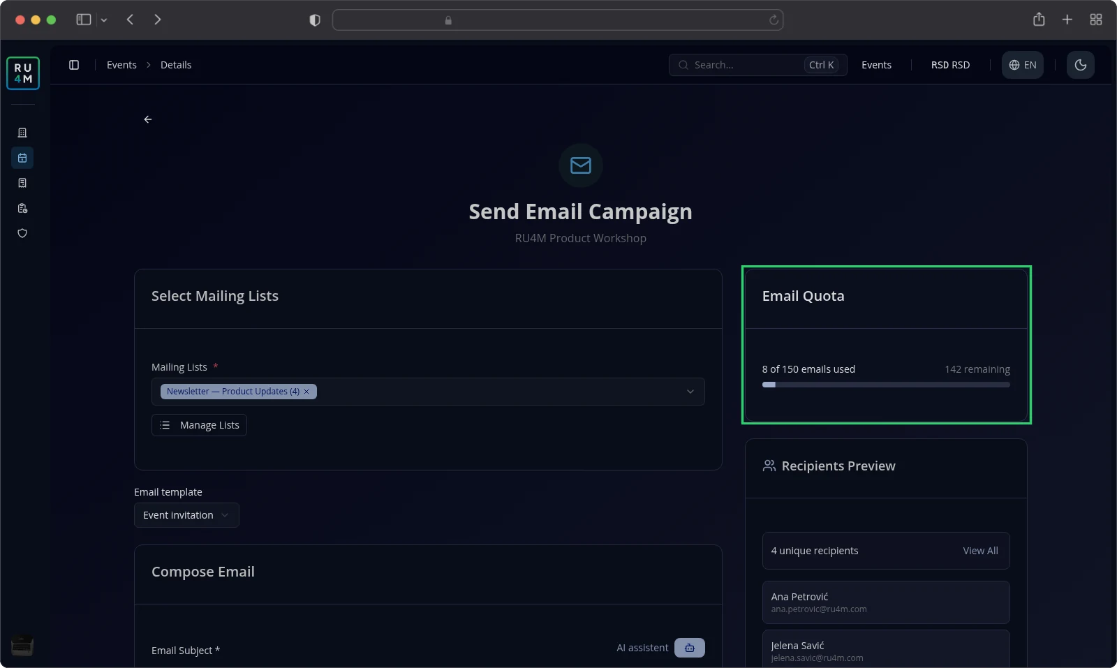 The Email Quota panel showing eight of 150 emails used.