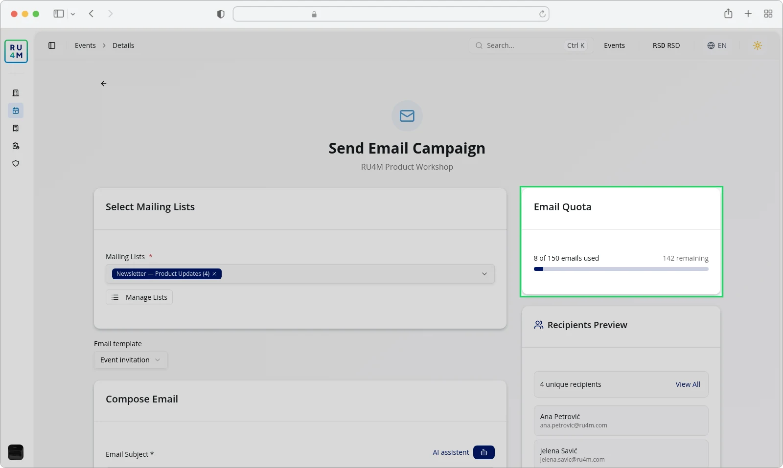 The Email Quota panel showing eight of 150 emails used.