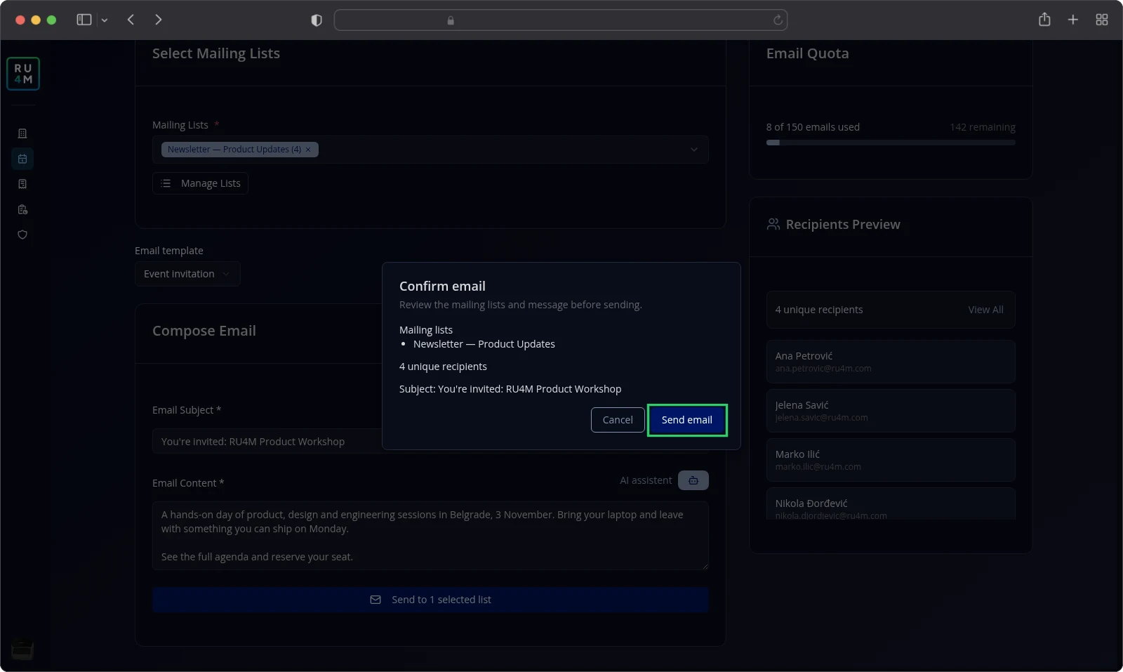 The Confirm email dialog listing the mailing list, recipients and subject.