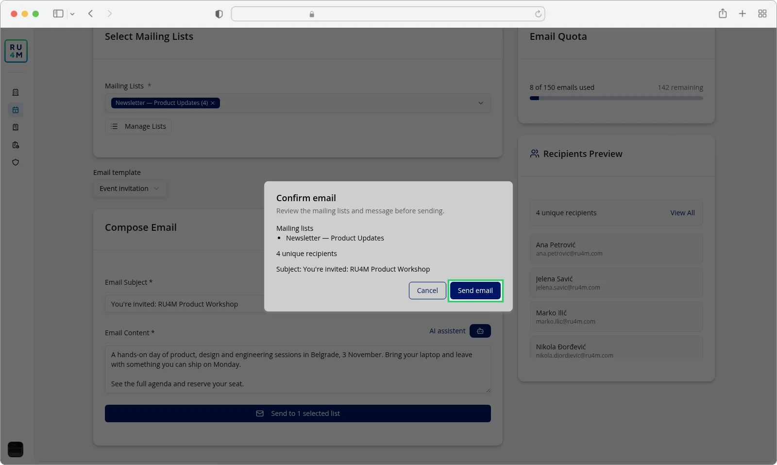The Confirm email dialog listing the mailing list, recipients and subject.