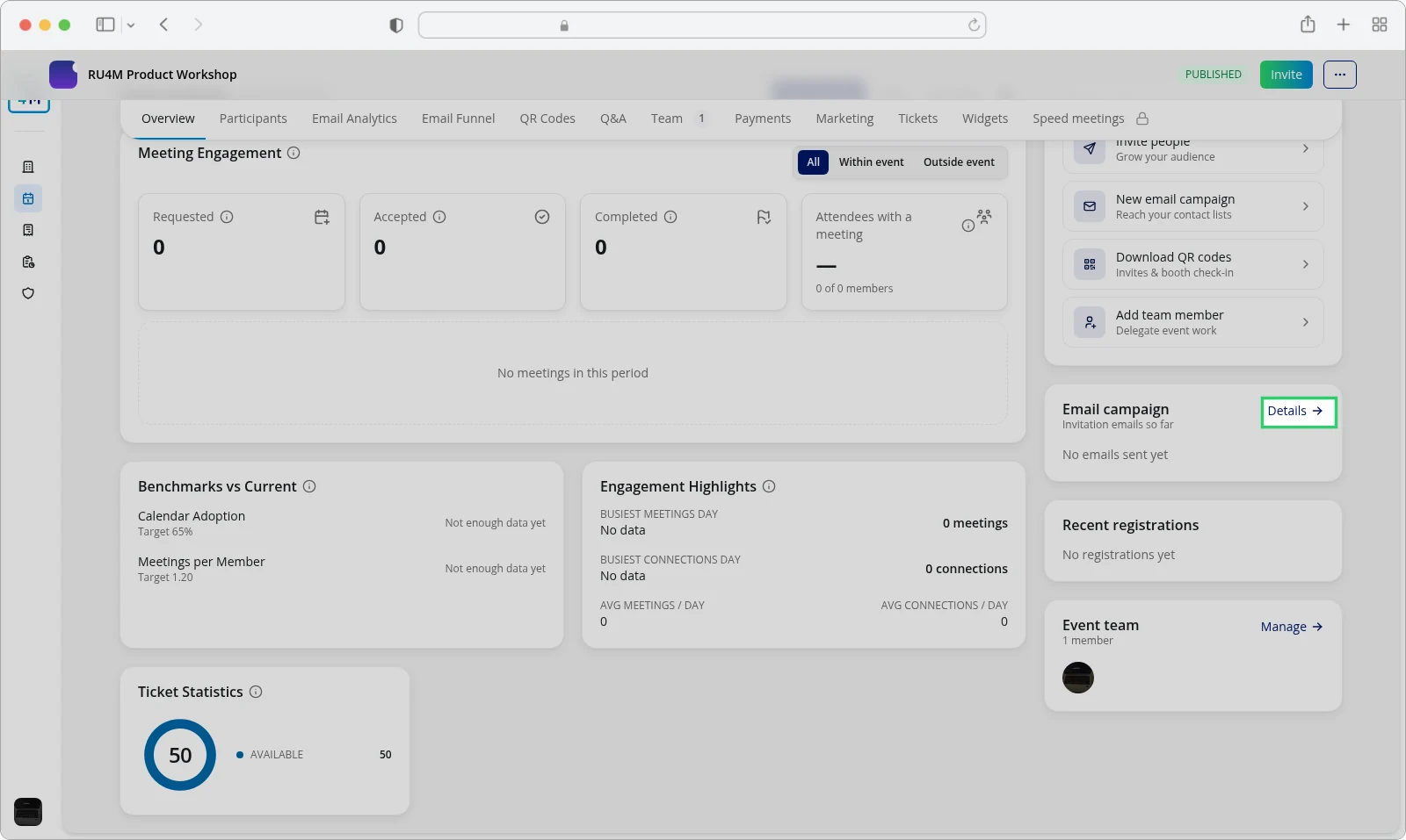 The Overview tab with the Email campaign card and its Details action.